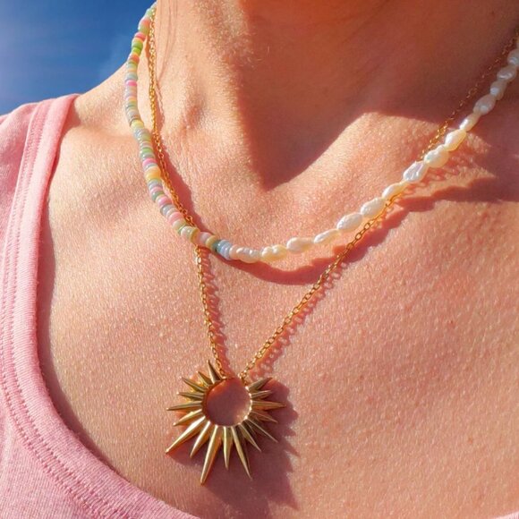 Necklace Celestial Gold Sunburst Necklace WATERPROOF Gold Layering Necklace - Picture 1 of 12